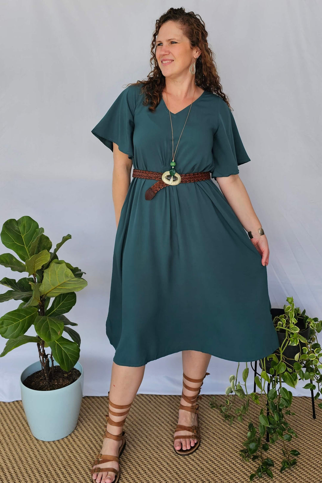 Emerald Ola Dress with Flutter Sleeve