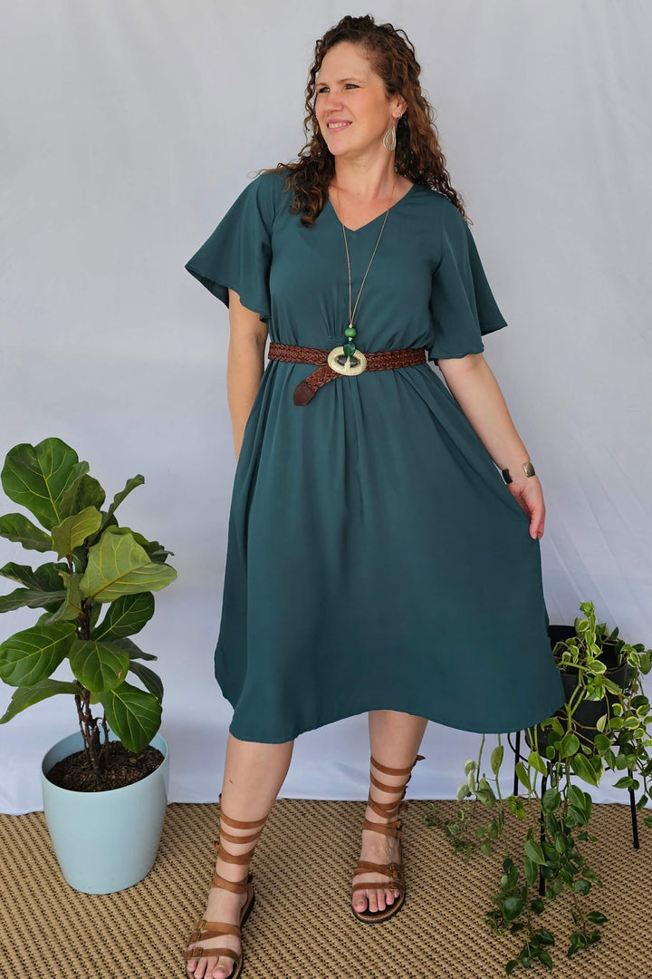 Emerald Ola Dress with Flutter Sleeve