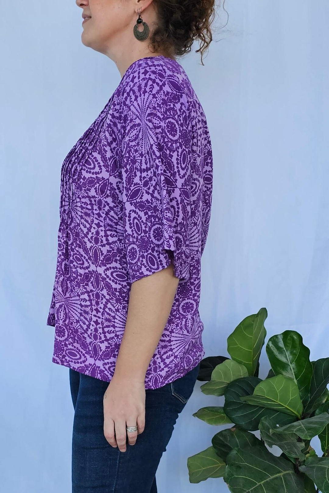 Purple Mandala Top with Flutter Sleeve