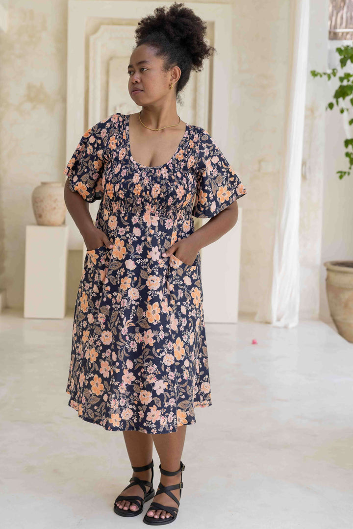 Midnight Pansy Shirred Dress