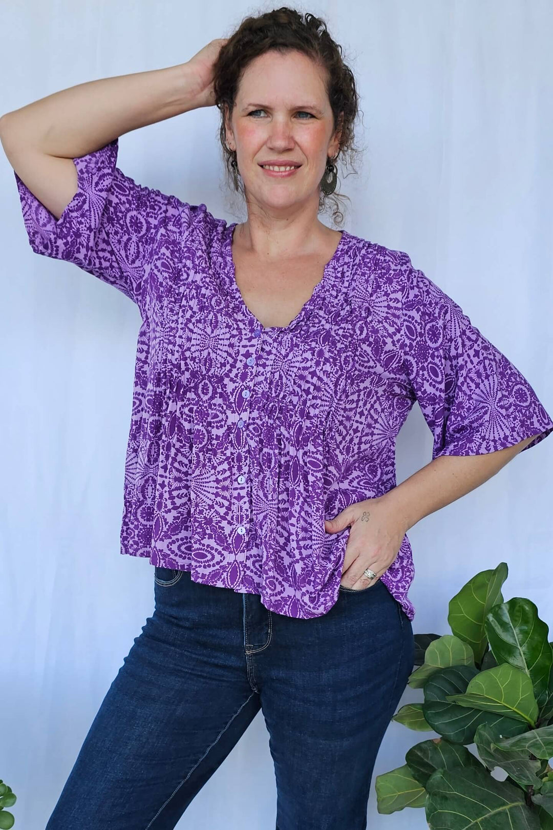Purple Mandala Top with Flutter Sleeve