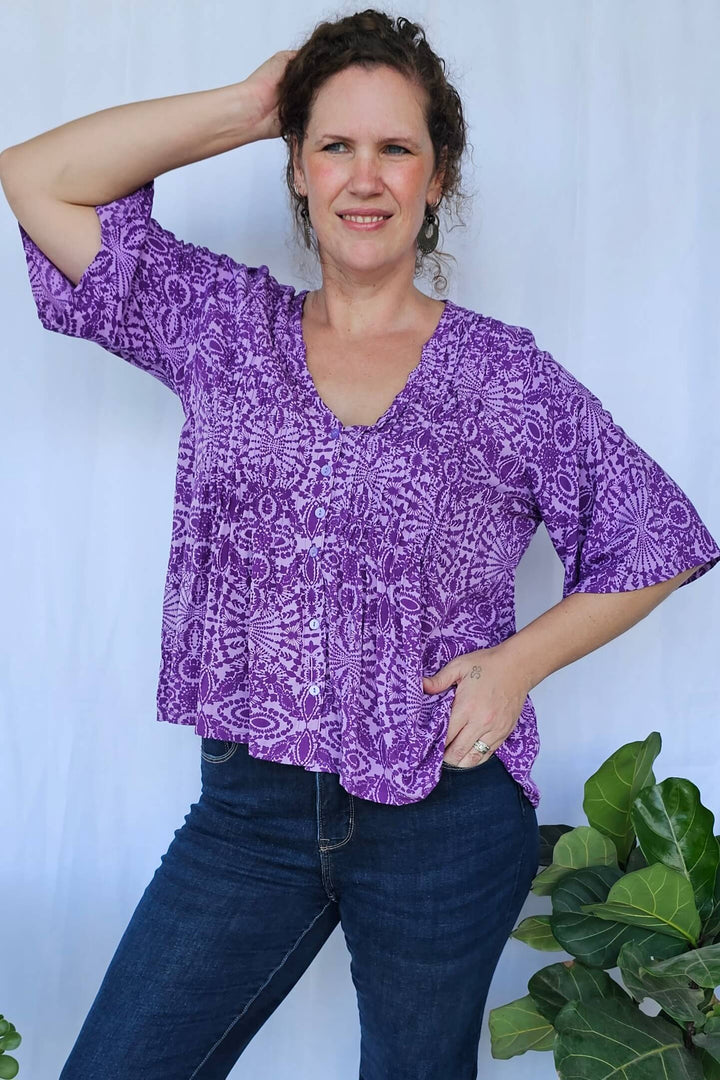 Purple Mandala Top with Flutter Sleeve
