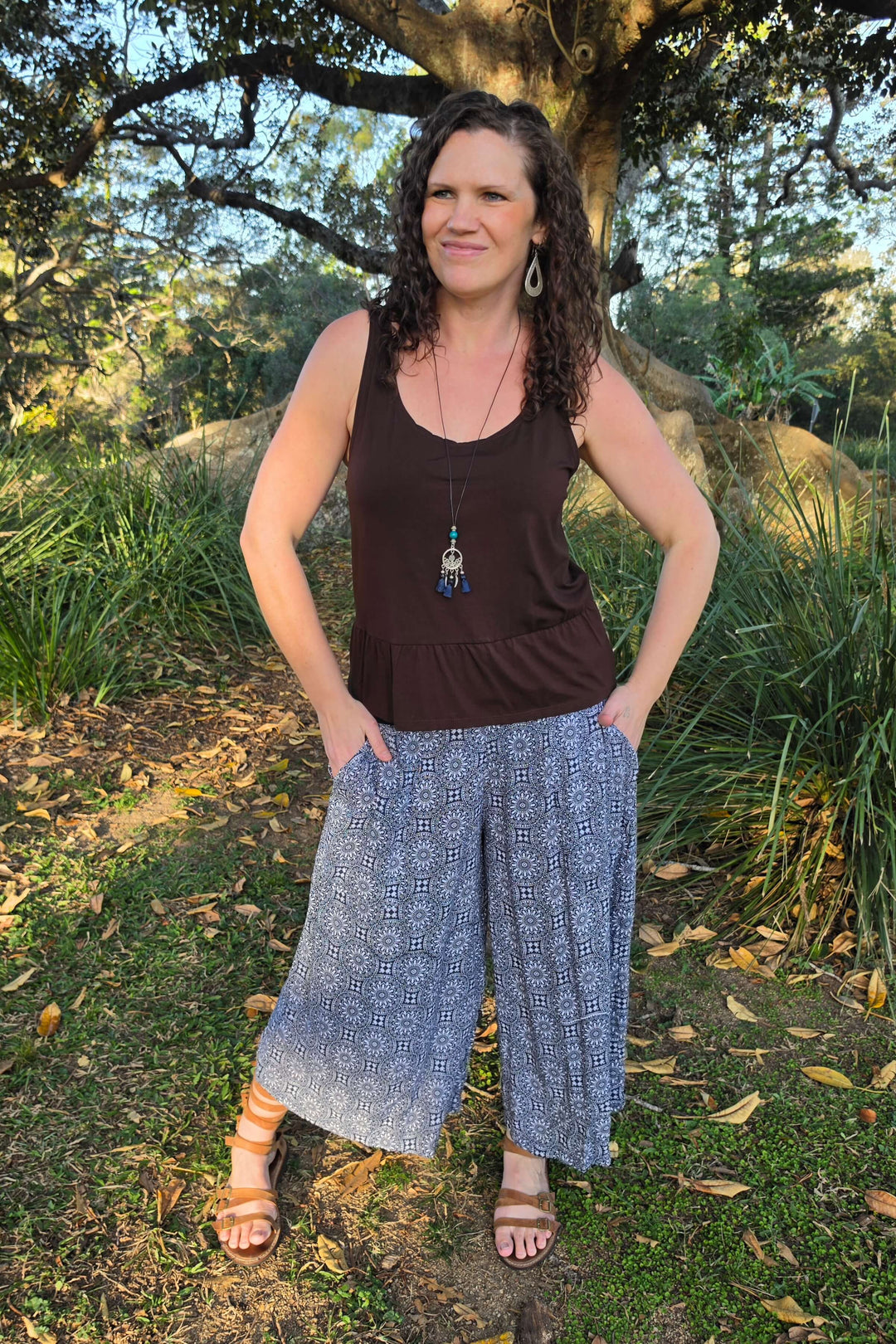 Navy Rosette 7/8 Palazzo Pants