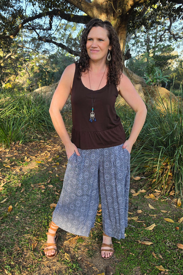 Navy Rosette 7/8 Palazzo Pants