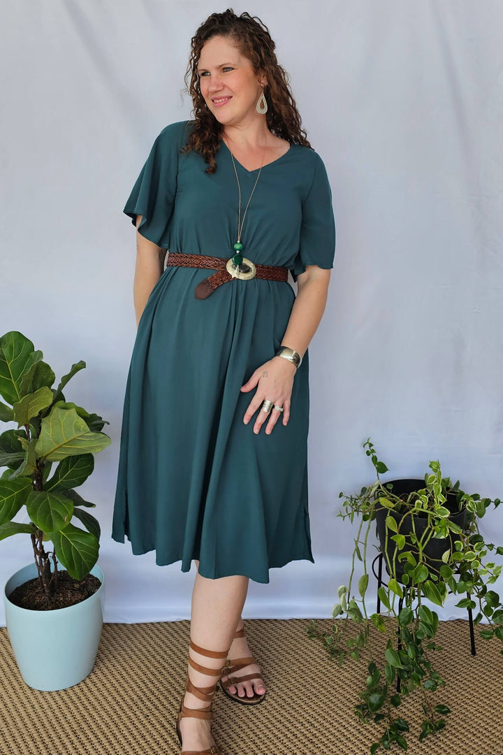 Emerald Ola Dress with Flutter Sleeve
