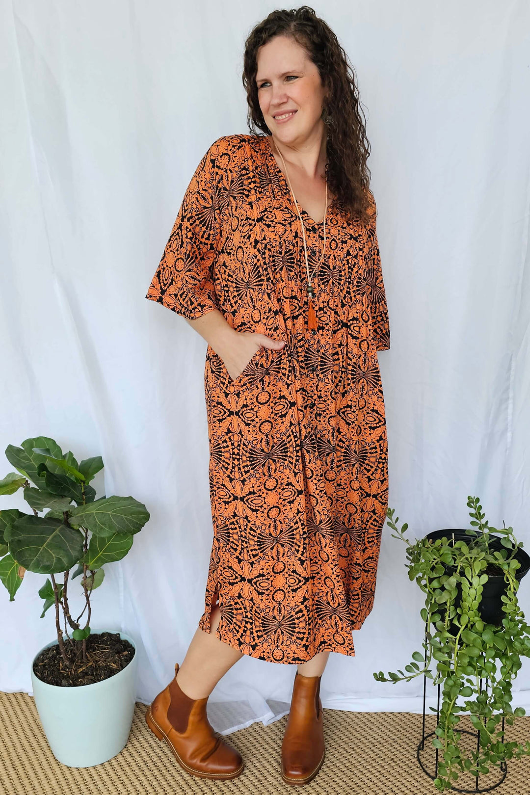 Orange Mandala Luna Midi Dress