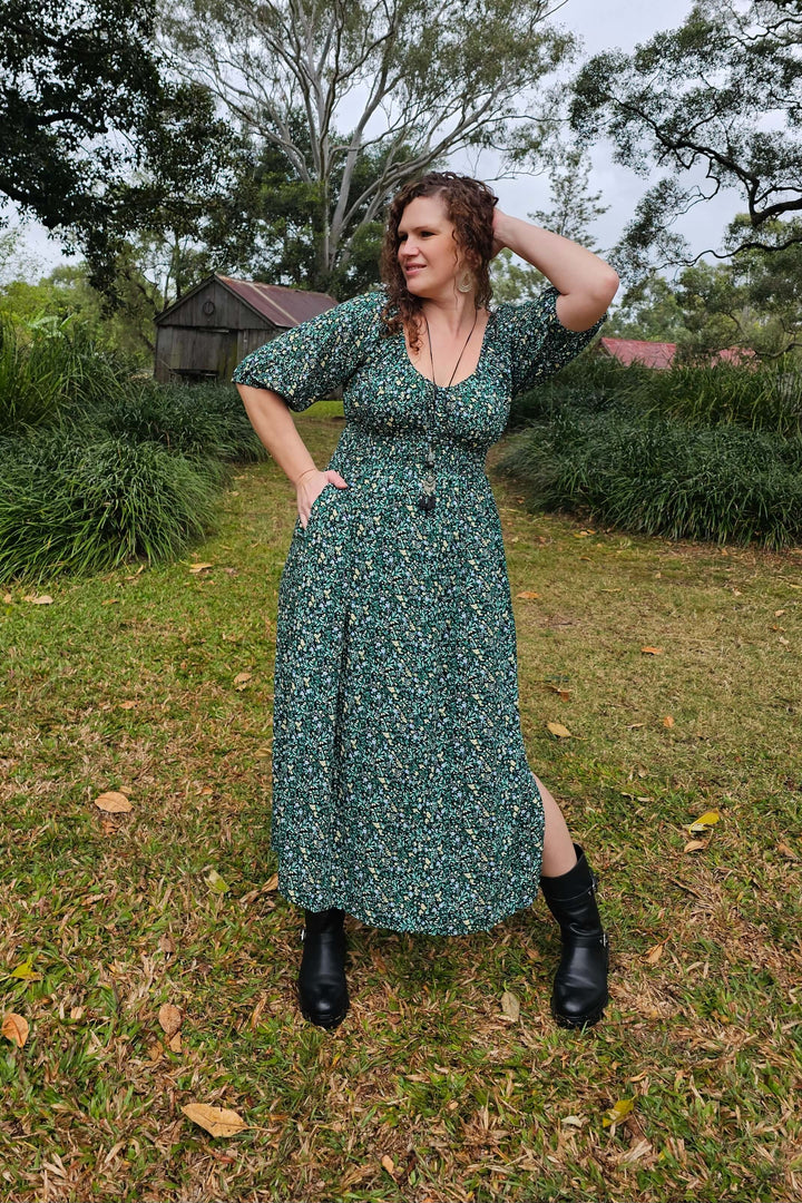 Green boho maxi dress- size 16, front view