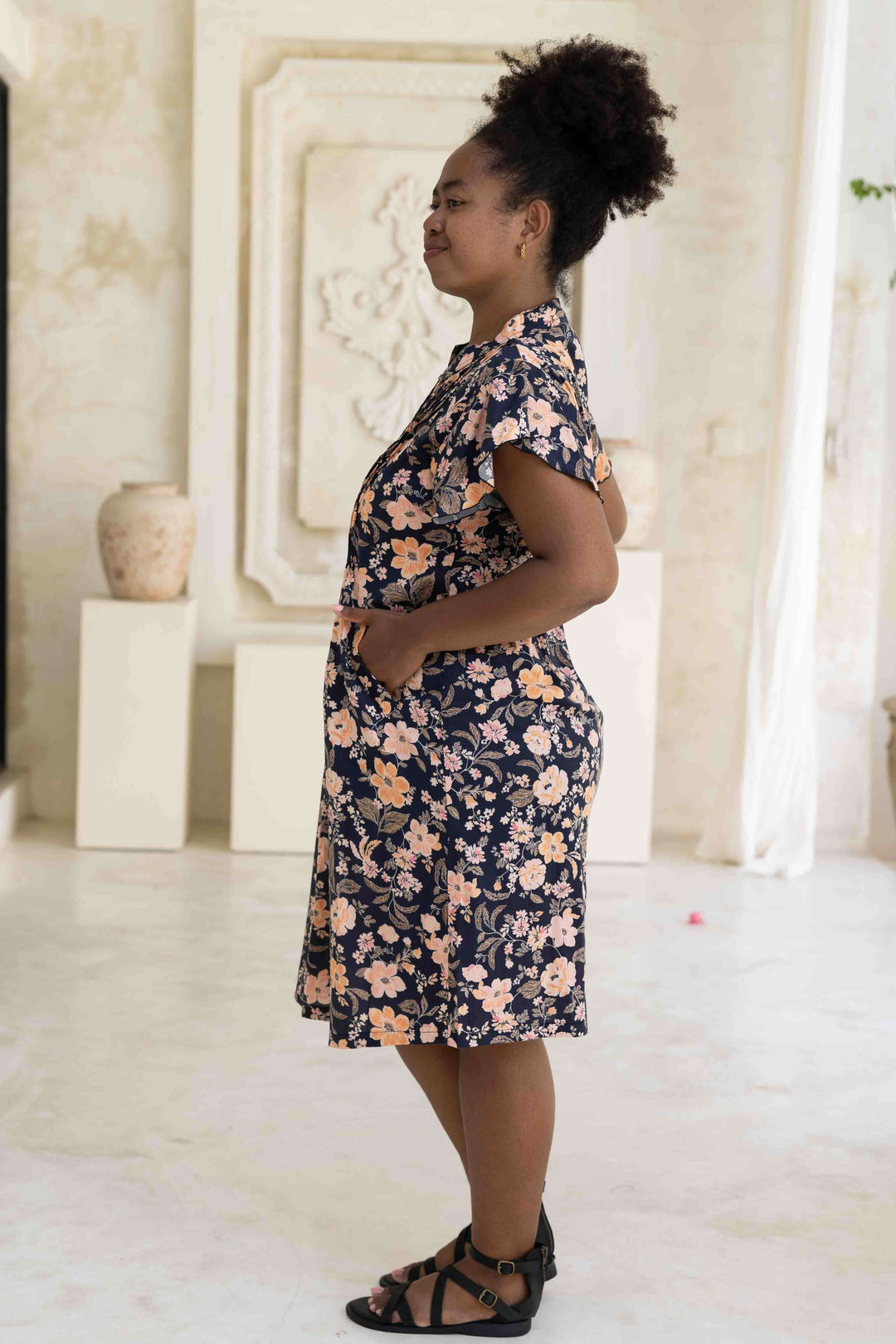 Midnight Pansy Mini Dress With Frill Sleeve