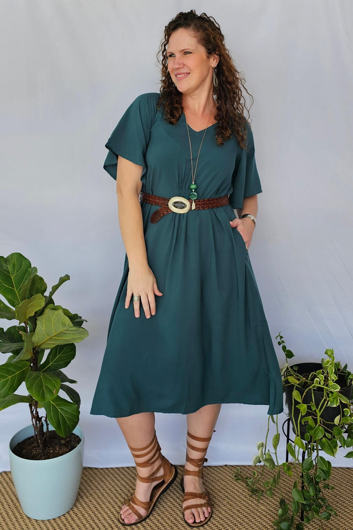 Emerald Ola Dress with Flutter Sleeve