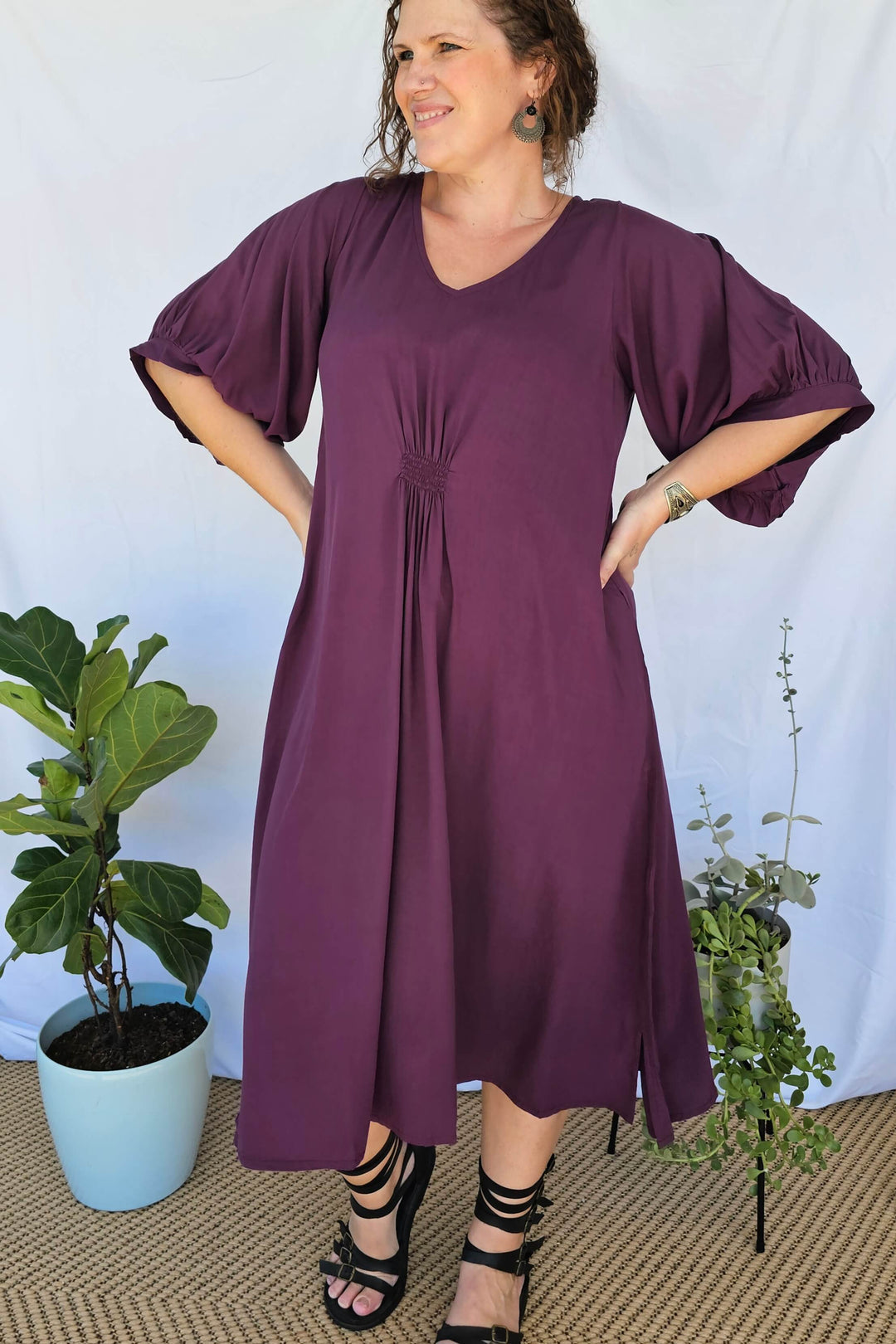 Plum Isla Dress with Bell Sleeve