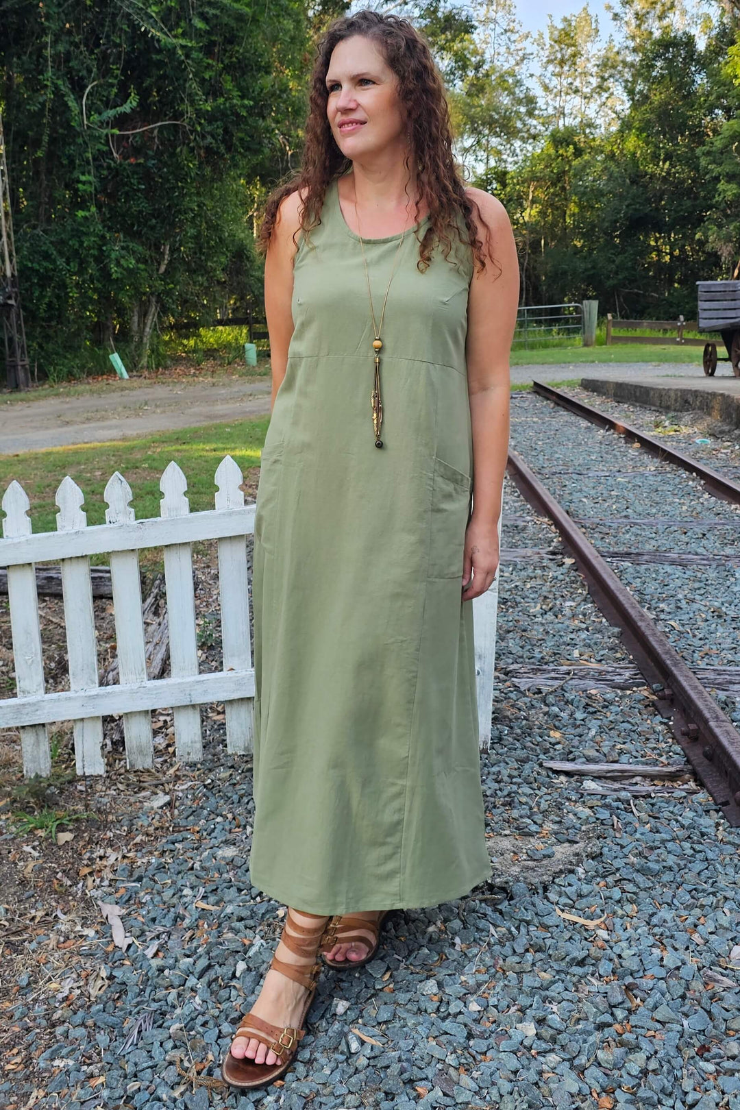 Avocado Cotton Shift Maxi Dress