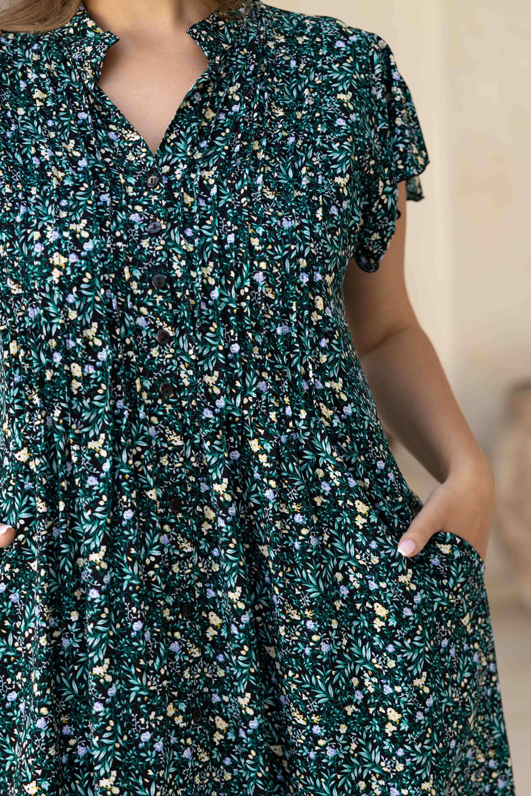 Green Blossom Dress With Frill Sleeve