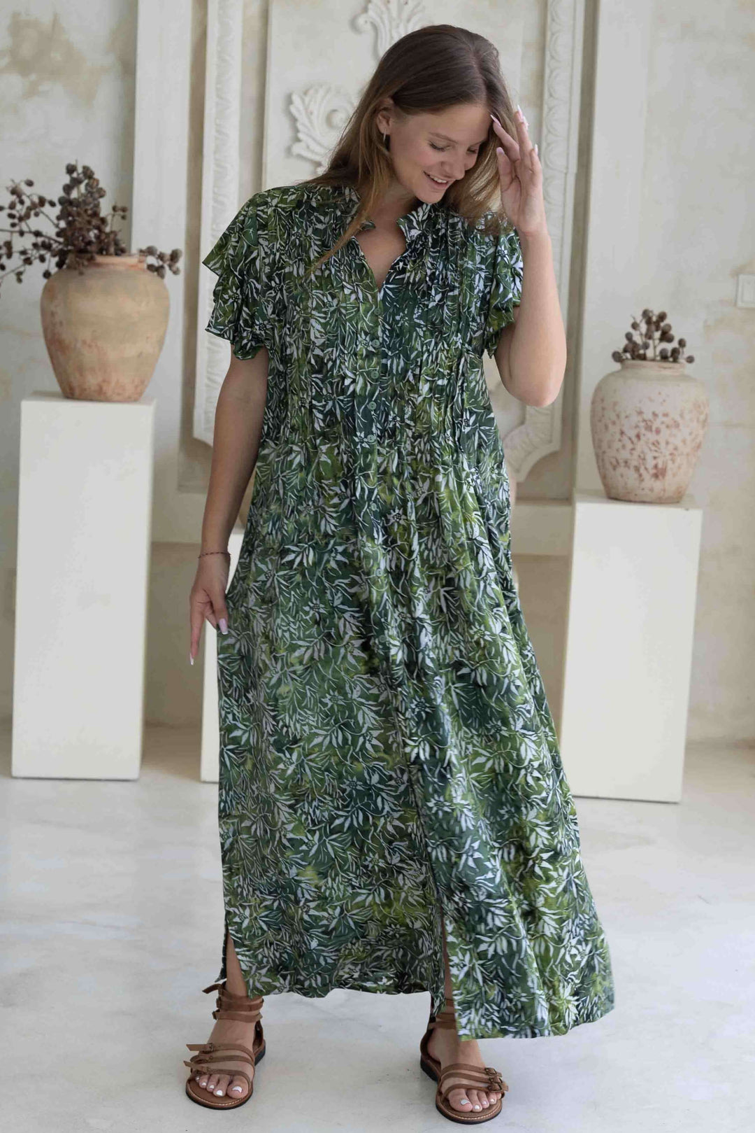 Lush Green Maxi Dress With Frill Sleeve