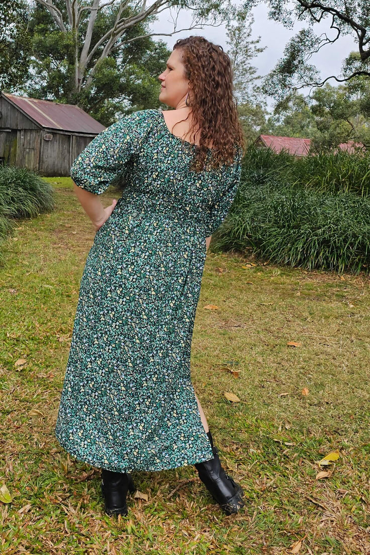 Green Blossom Maxi Cinch dress