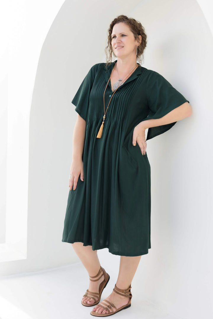 Moody Green Pintuck Midi Dress With Drape Sleeve