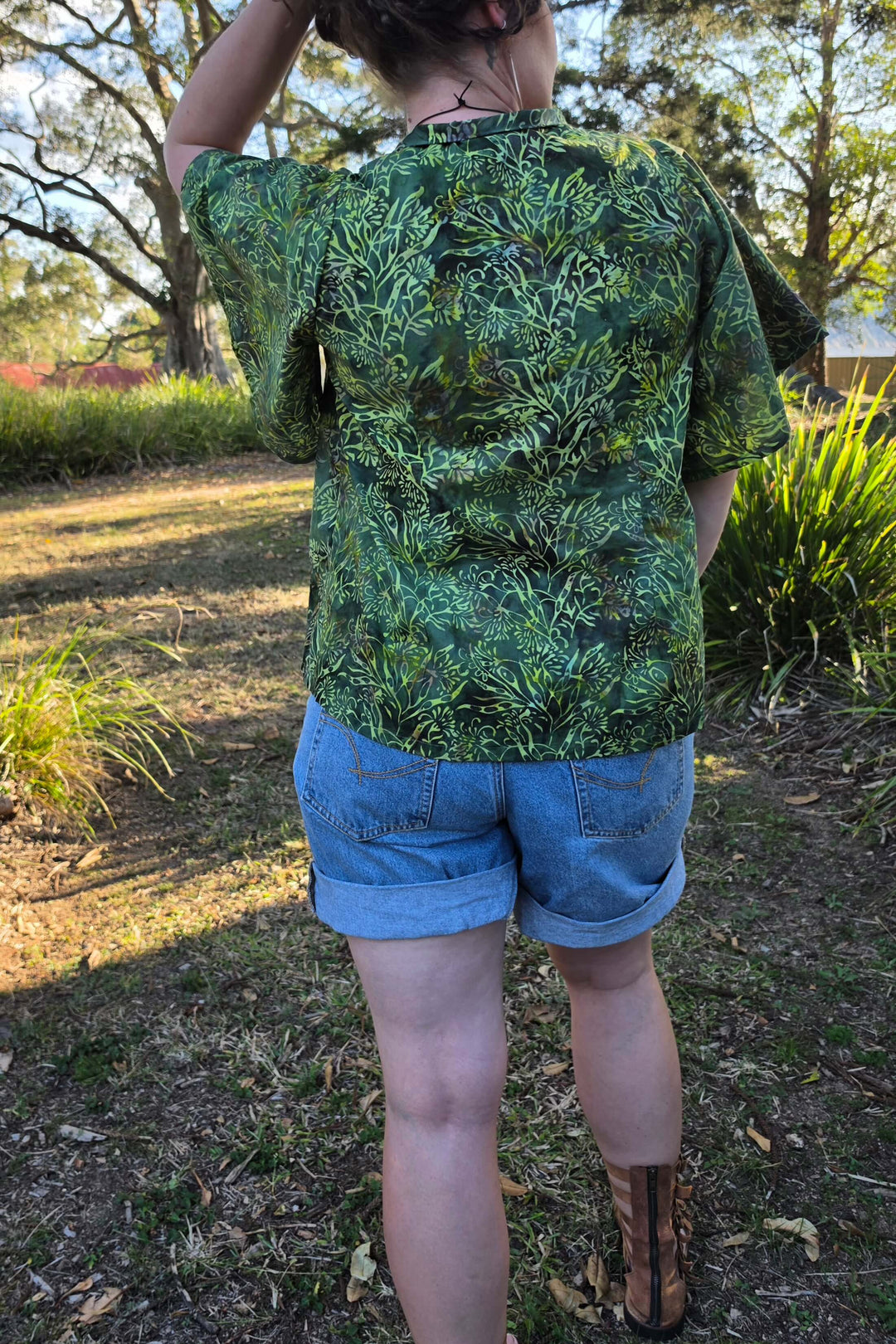 Evergreen Cotton Top with Drape Sleeve