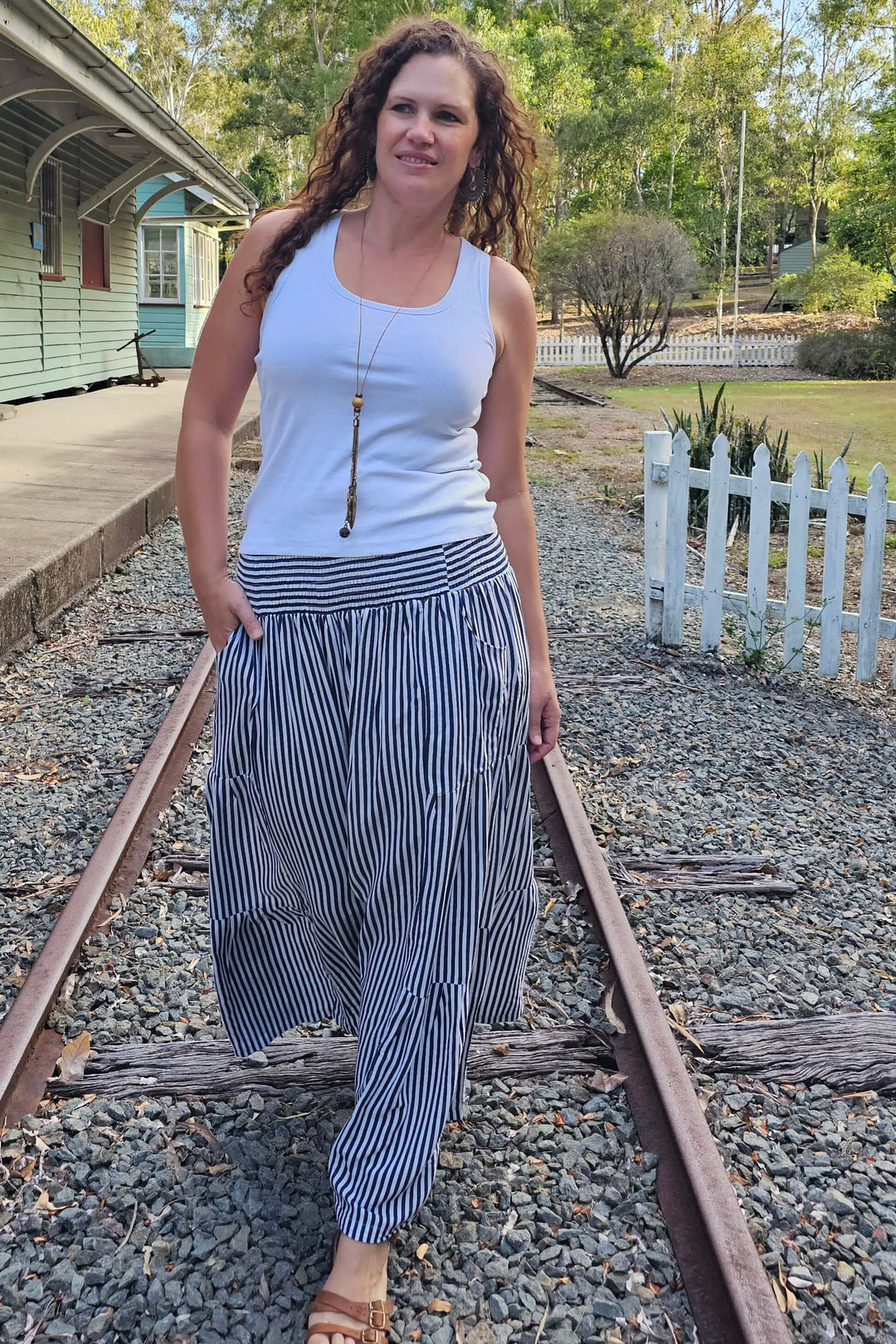 Navy Stripe Frill Pants