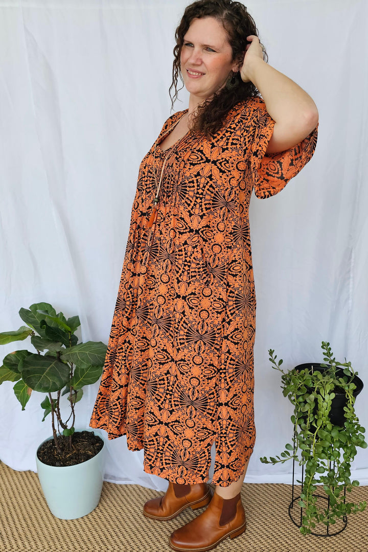 Orange Mandala Luna Midi Dress