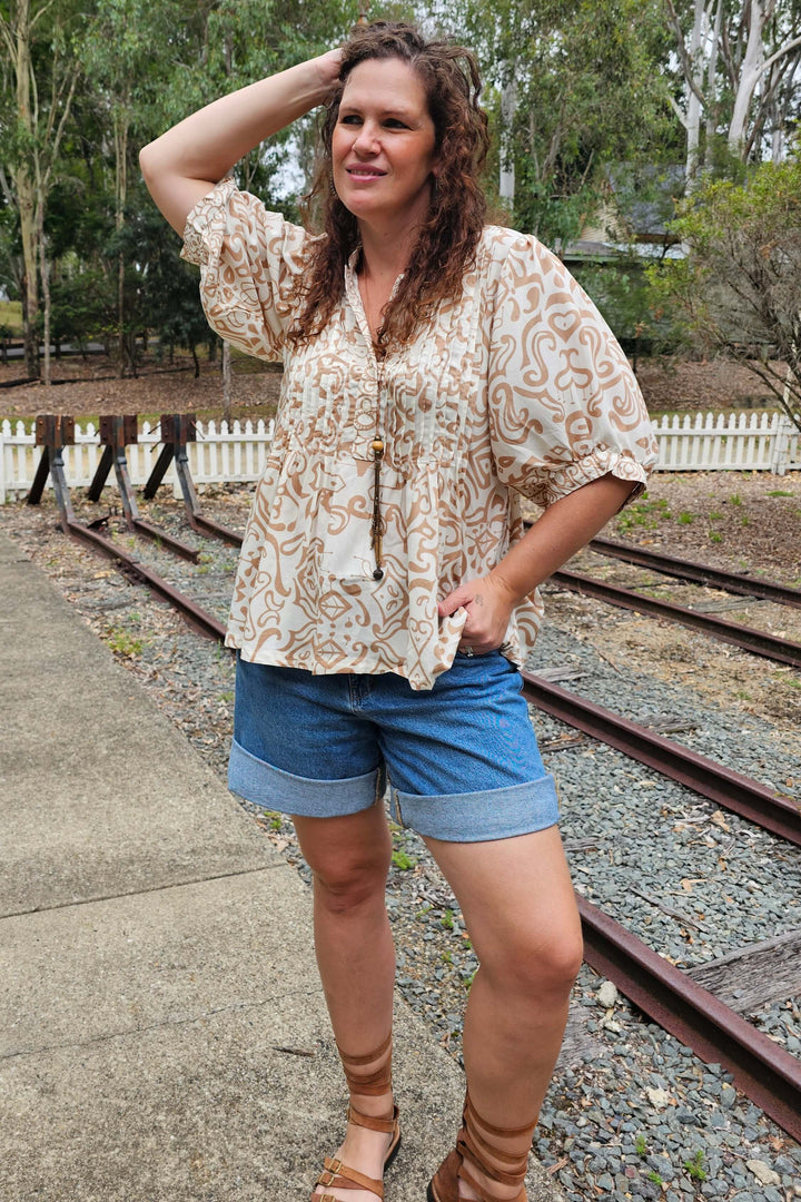 Taupe Swirl Top with Bell Sleeve