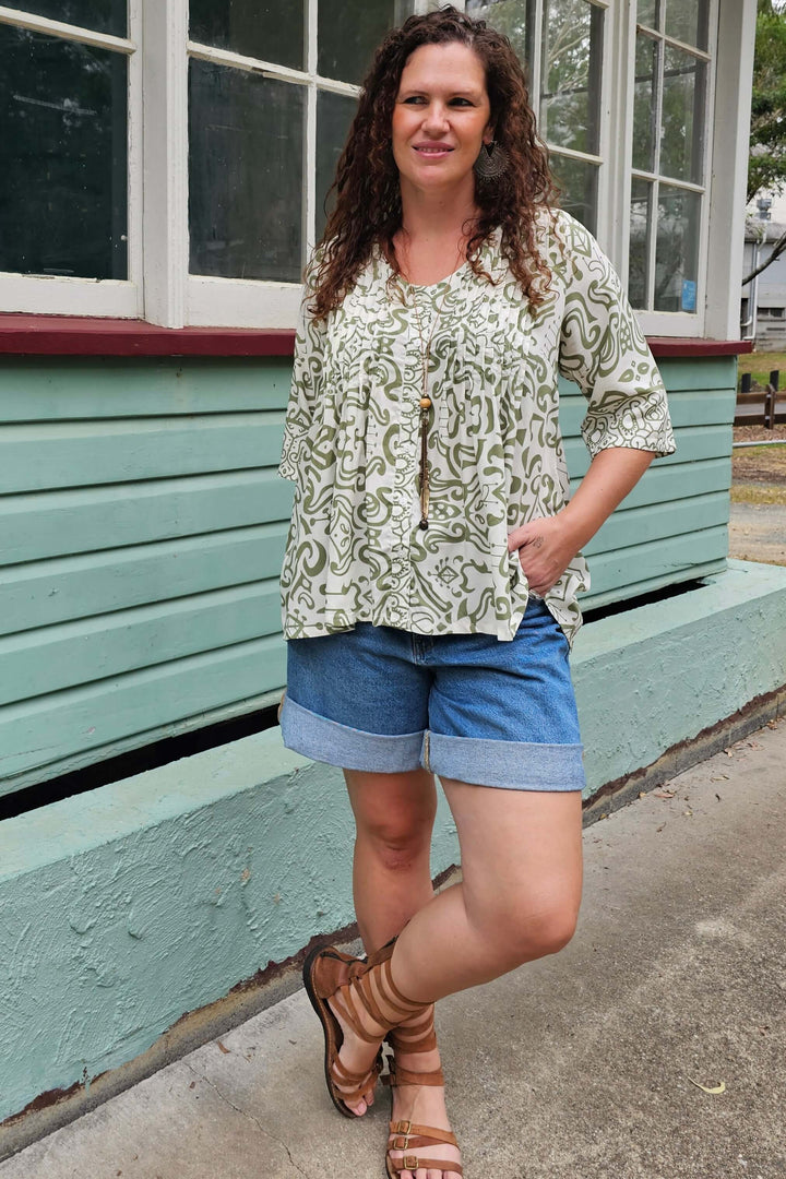 Khaki Swirl Tube Sleeve Pintuck Top