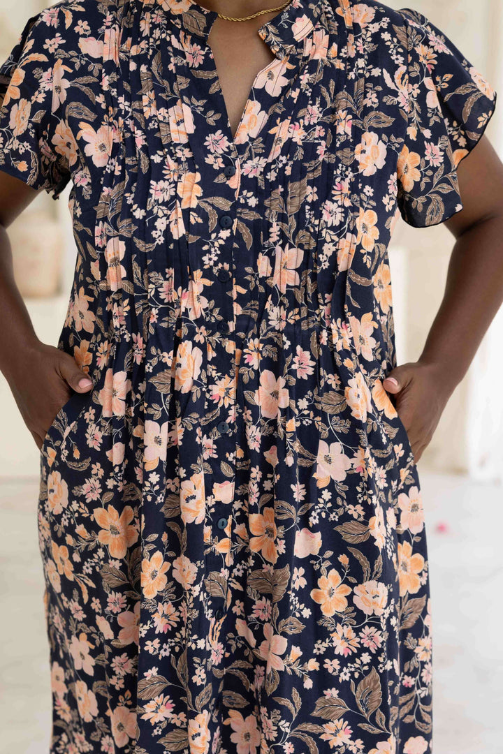 Midnight Pansy Mini Dress With Frill Sleeve