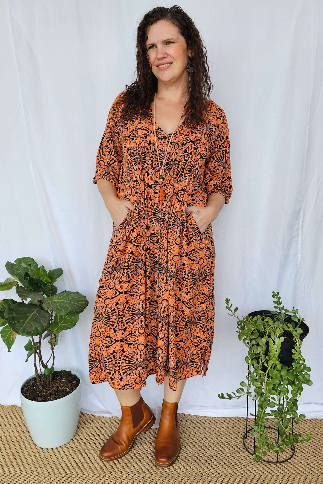 Orange Mandala Luna Midi Dress