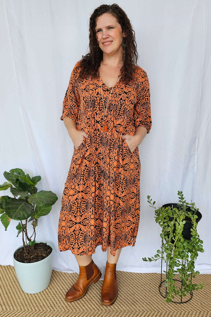 Orange Mandala Luna Midi Dress