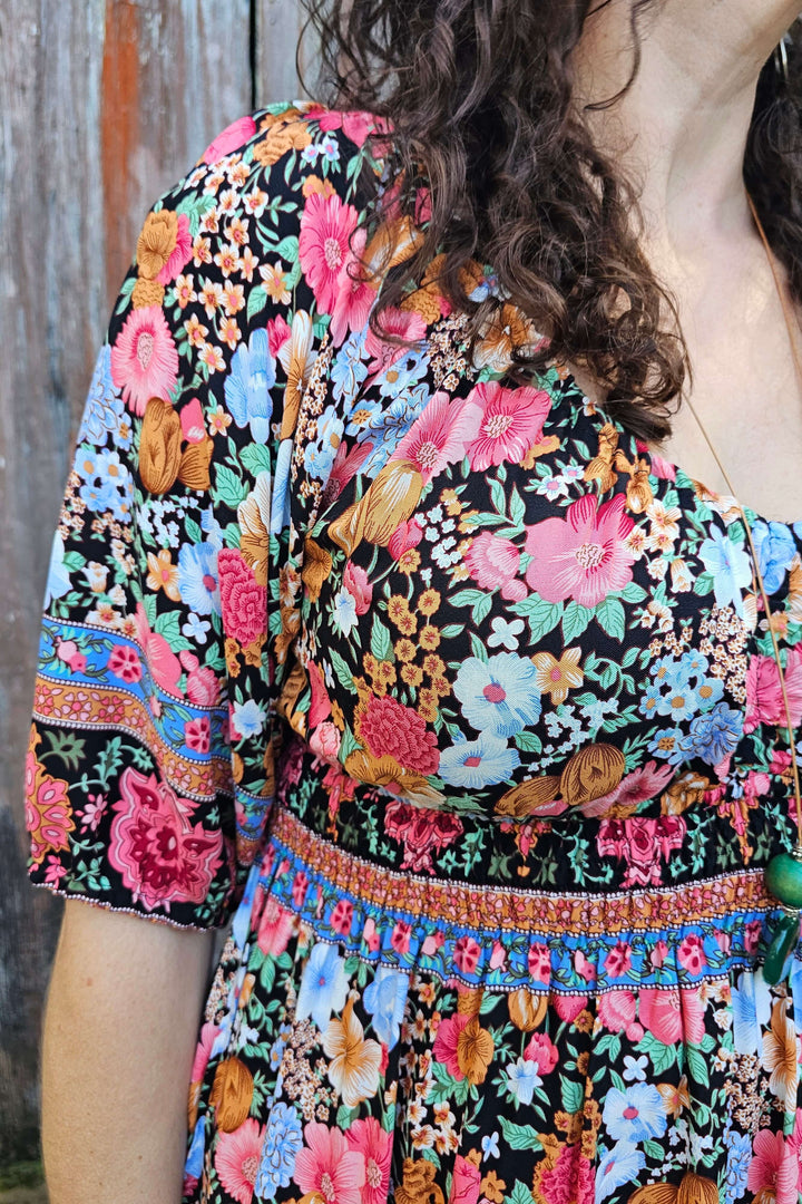 Black Bloom Maxi Cinch Dress