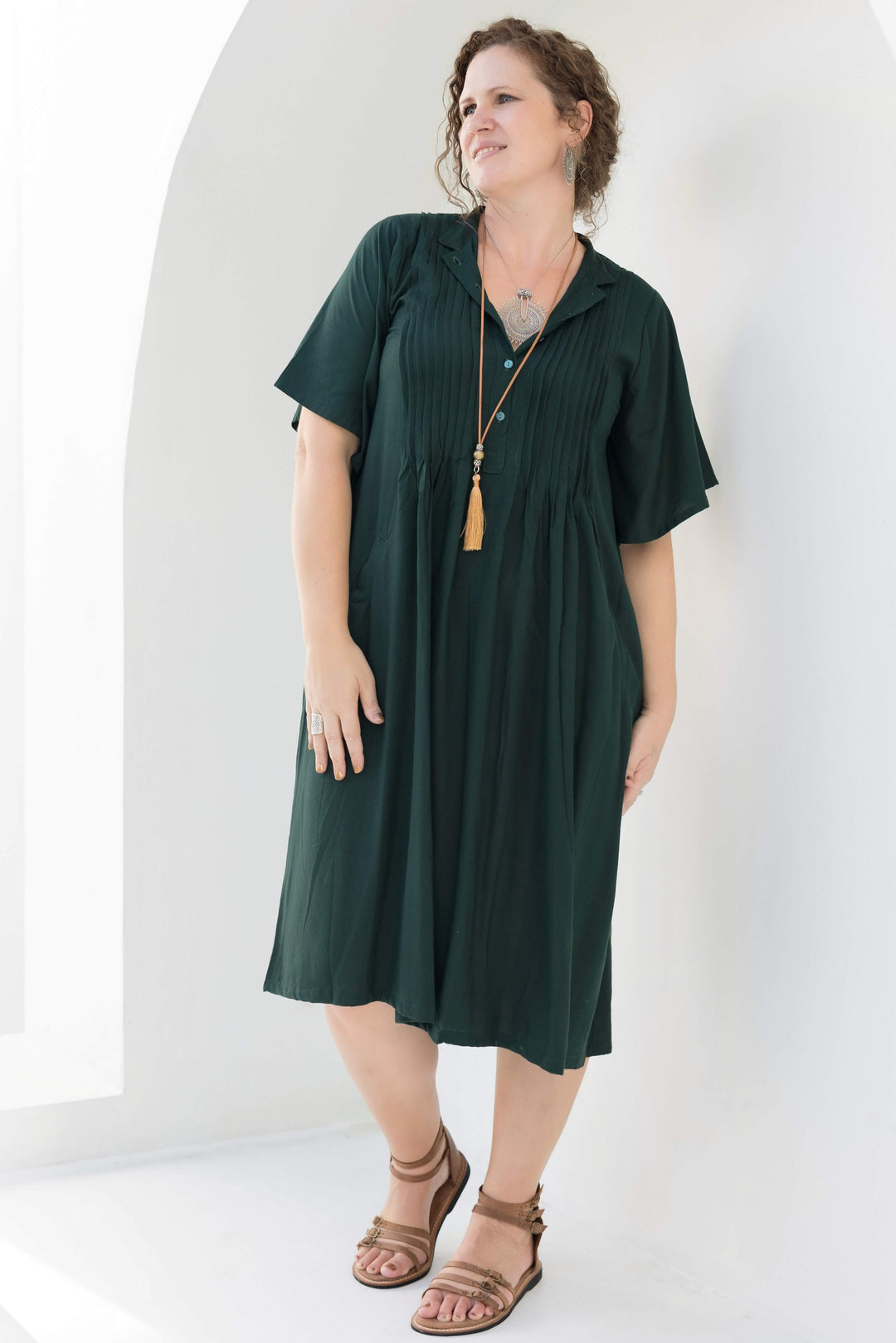 Moody Green Pintuck Midi Dress With Drape Sleeve