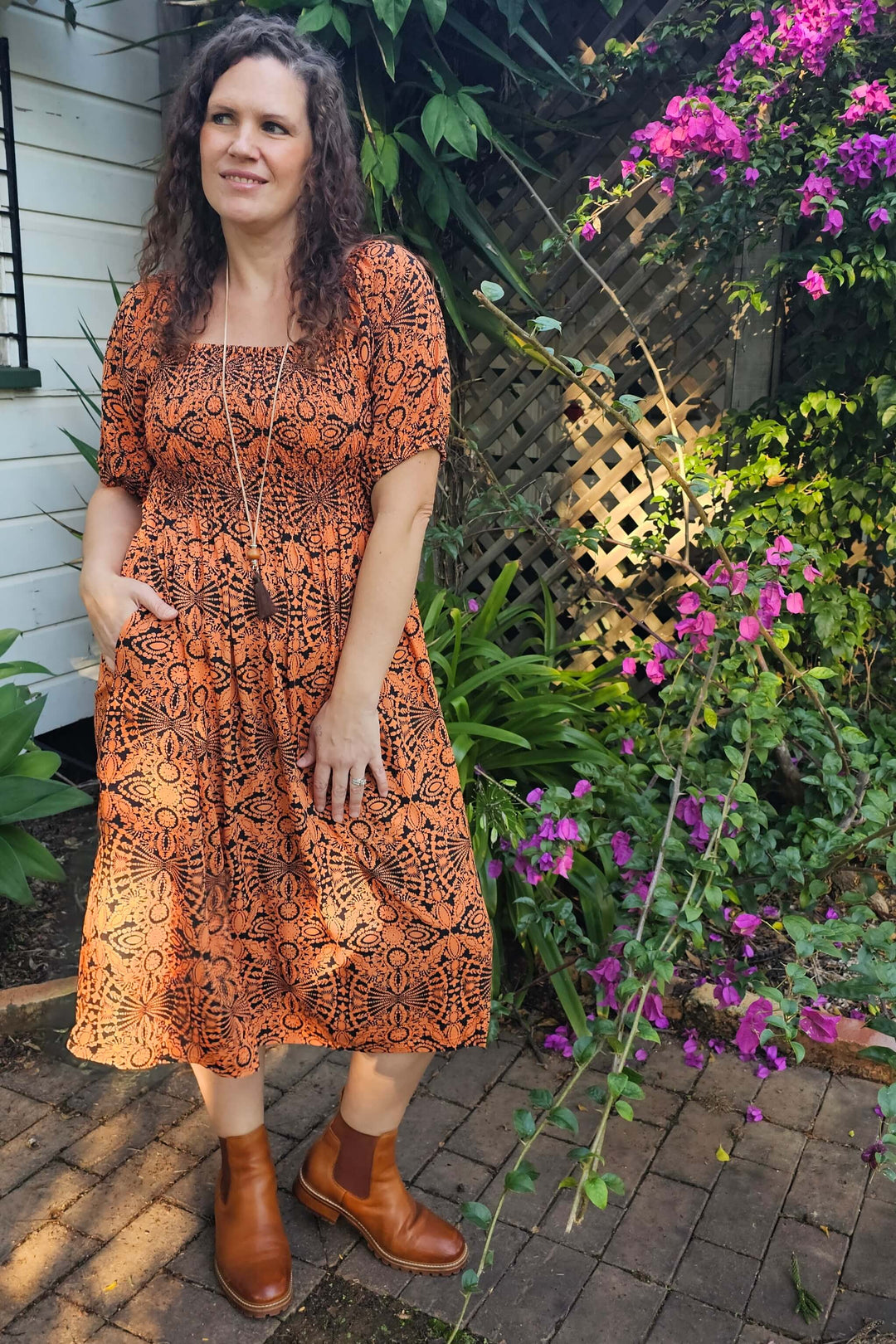 Orange Mandala Ivy Midi Dress