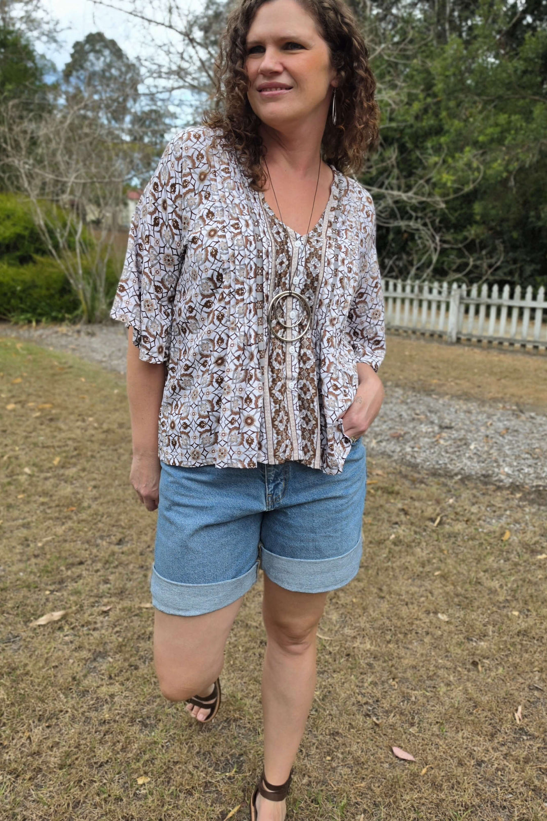Chocolate Mosaic Top with Flutter Sleeve
