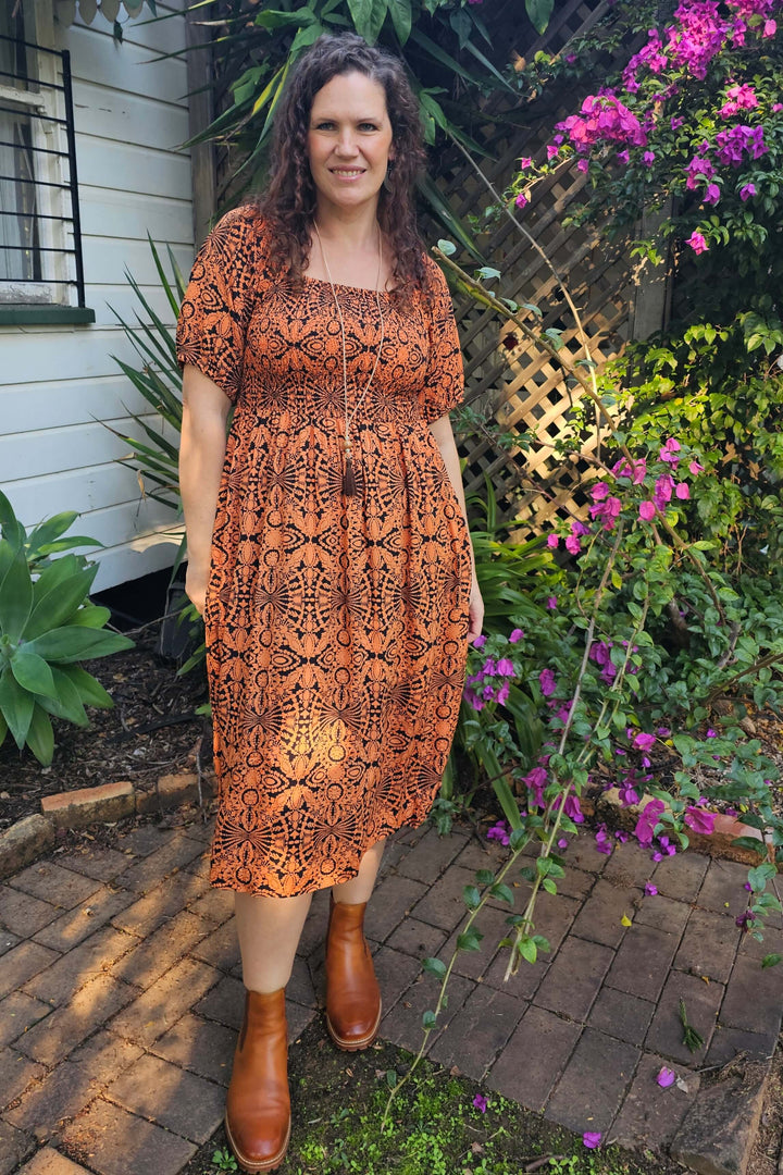 Orange Mandala Ivy Midi Dress