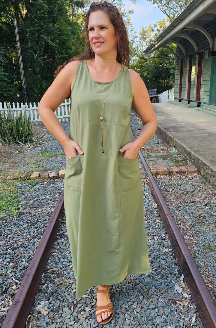 Avocado Cotton Shift Maxi Dress
