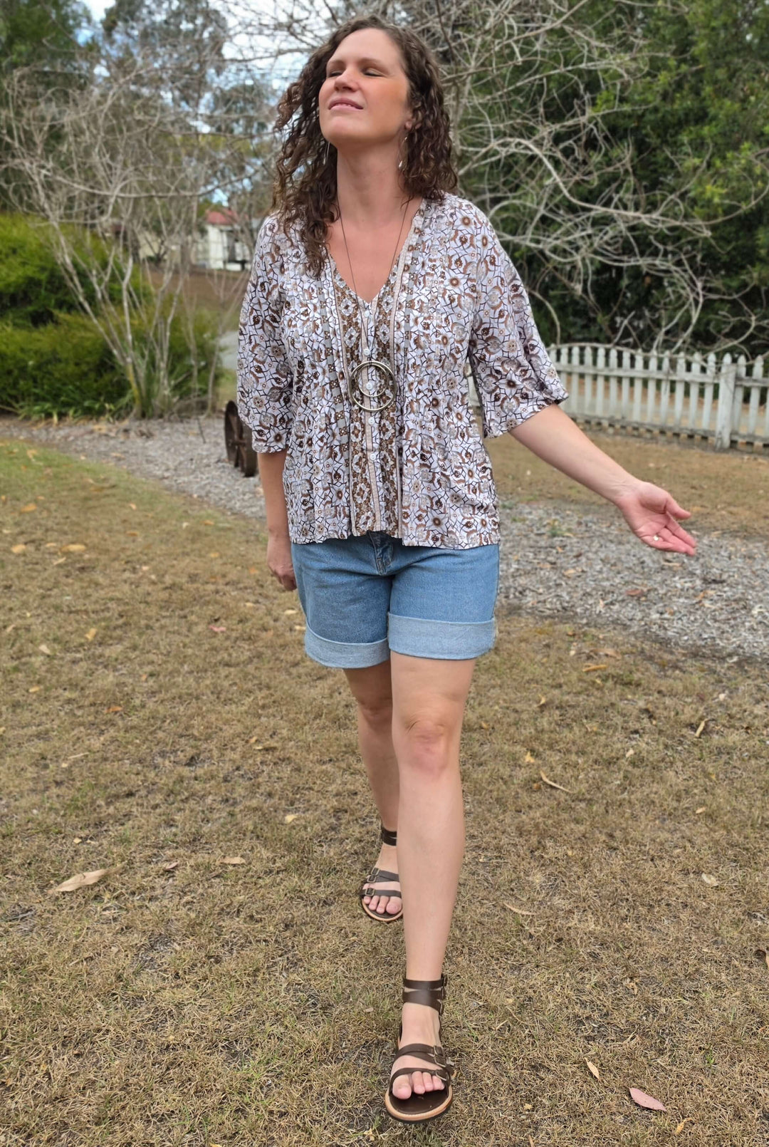 Chocolate Mosaic Top with Flutter Sleeve