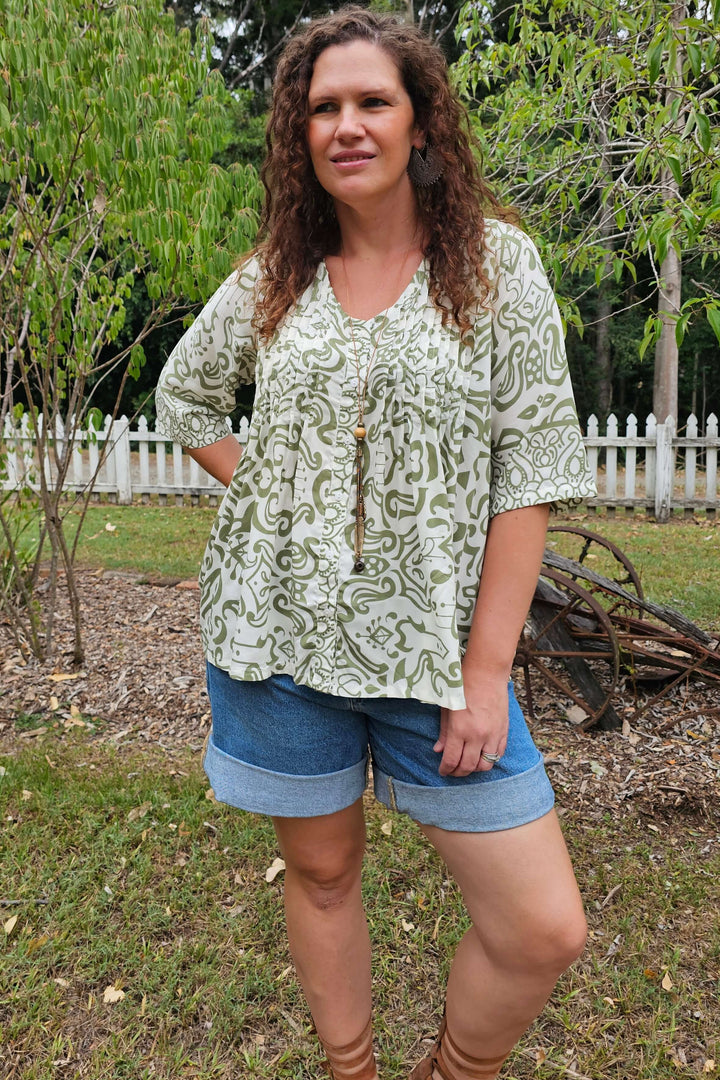 Khaki Swirl Tube Sleeve Pintuck Top