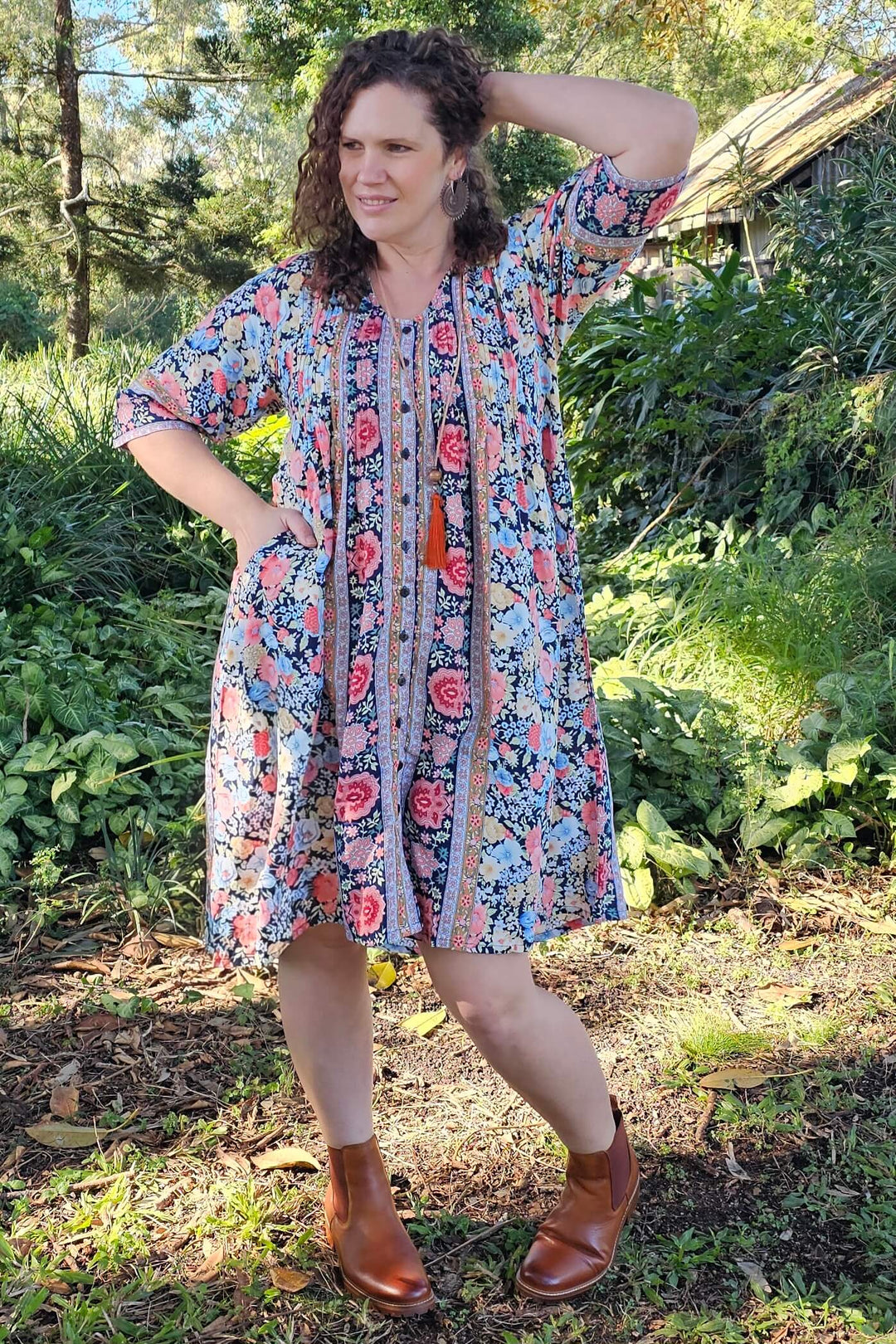Midnight Bloom Tube Sleeve Pintuck Dress