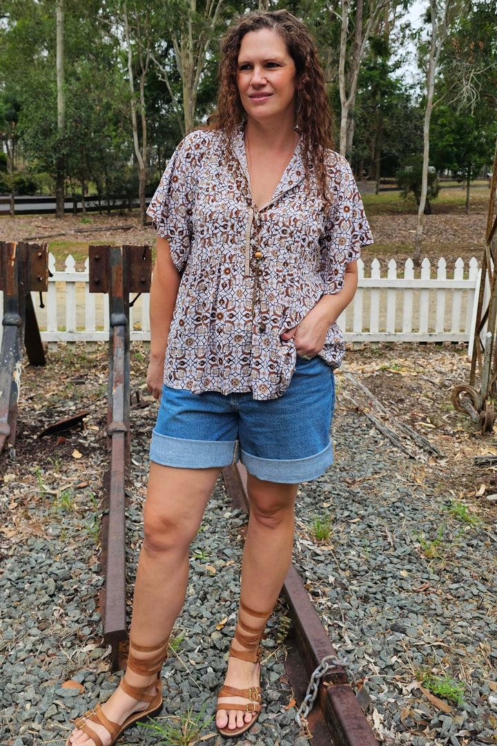 Chocolate Mosaic Top with Drape Sleeve