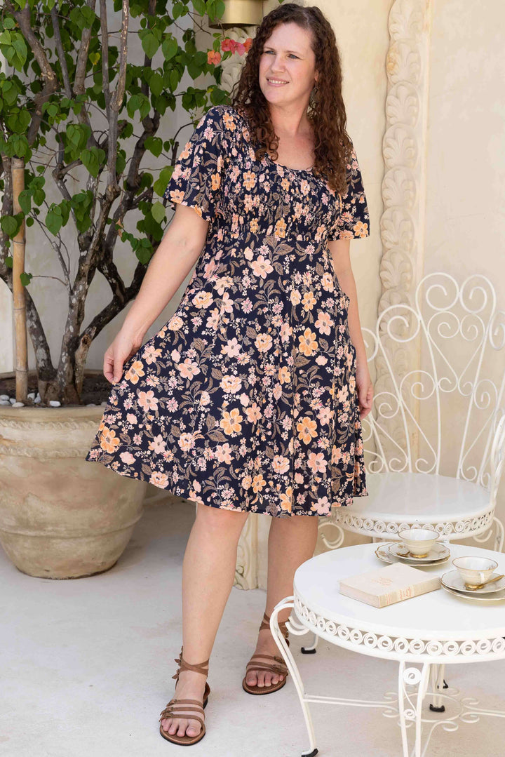 Midnight Pansy Shirred Dress