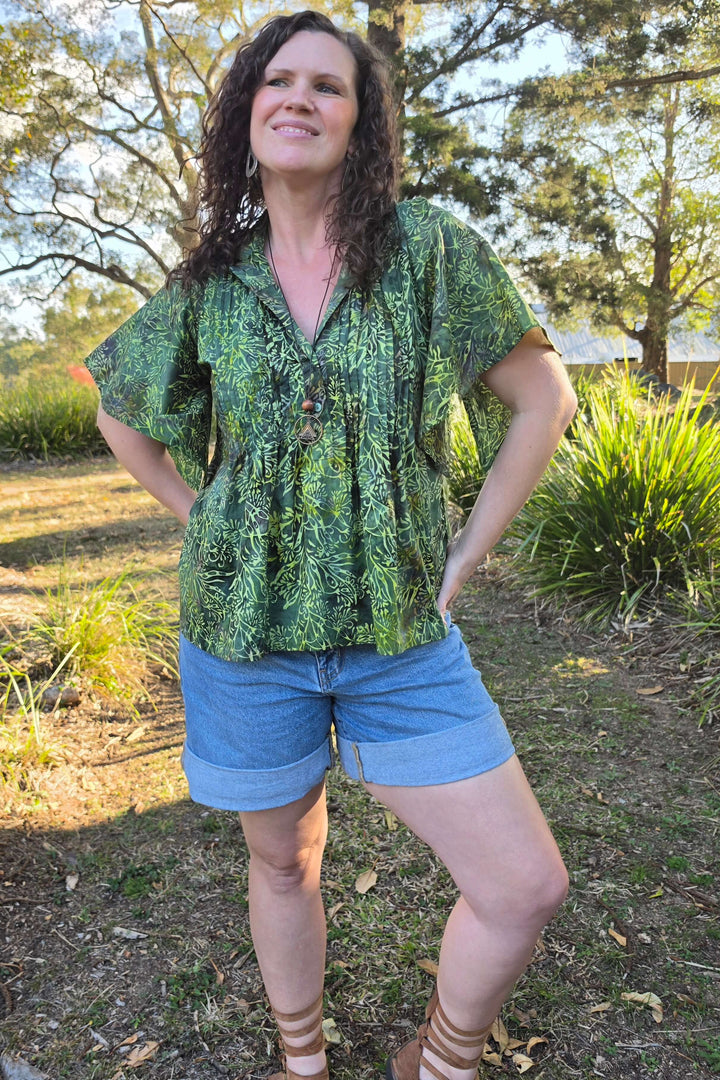 Evergreen Cotton Top with Drape Sleeve