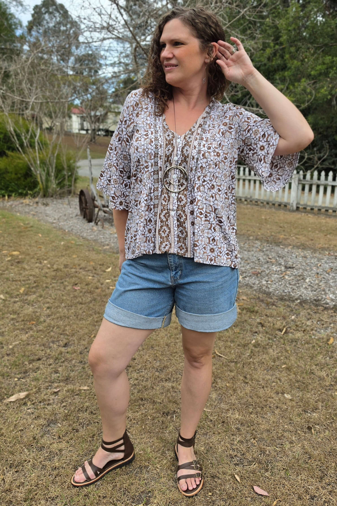 Chocolate Mosaic Top with Flutter Sleeve