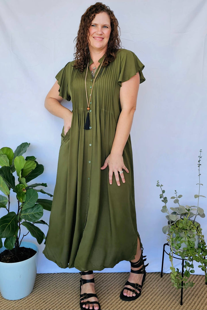 Khaki Maxi Dress With Frill Sleeve