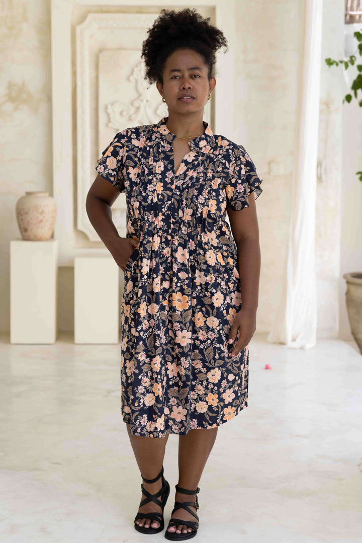 Midnight Pansy Mini Dress With Frill Sleeve