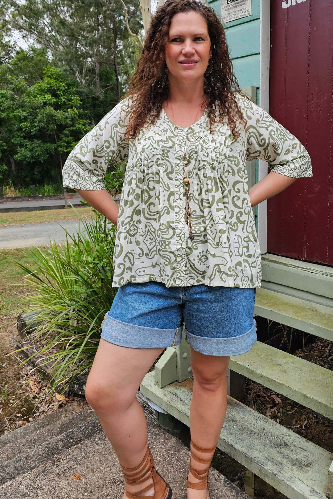 Khaki Swirl Tube Sleeve Pintuck Top