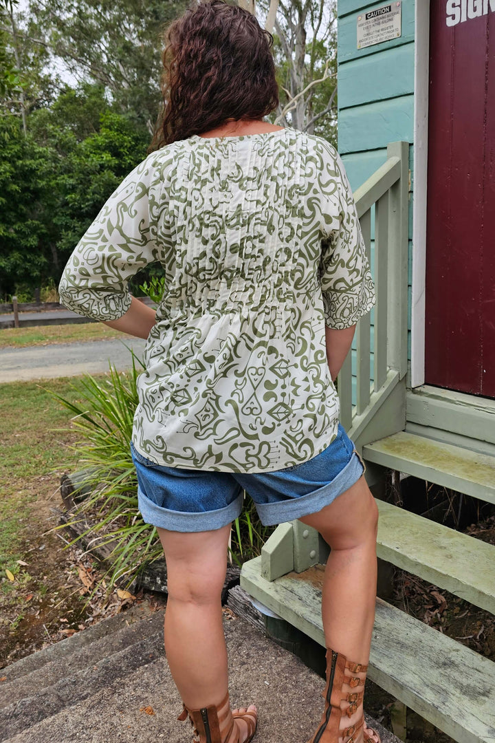 Khaki Swirl Tube Sleeve Pintuck Top