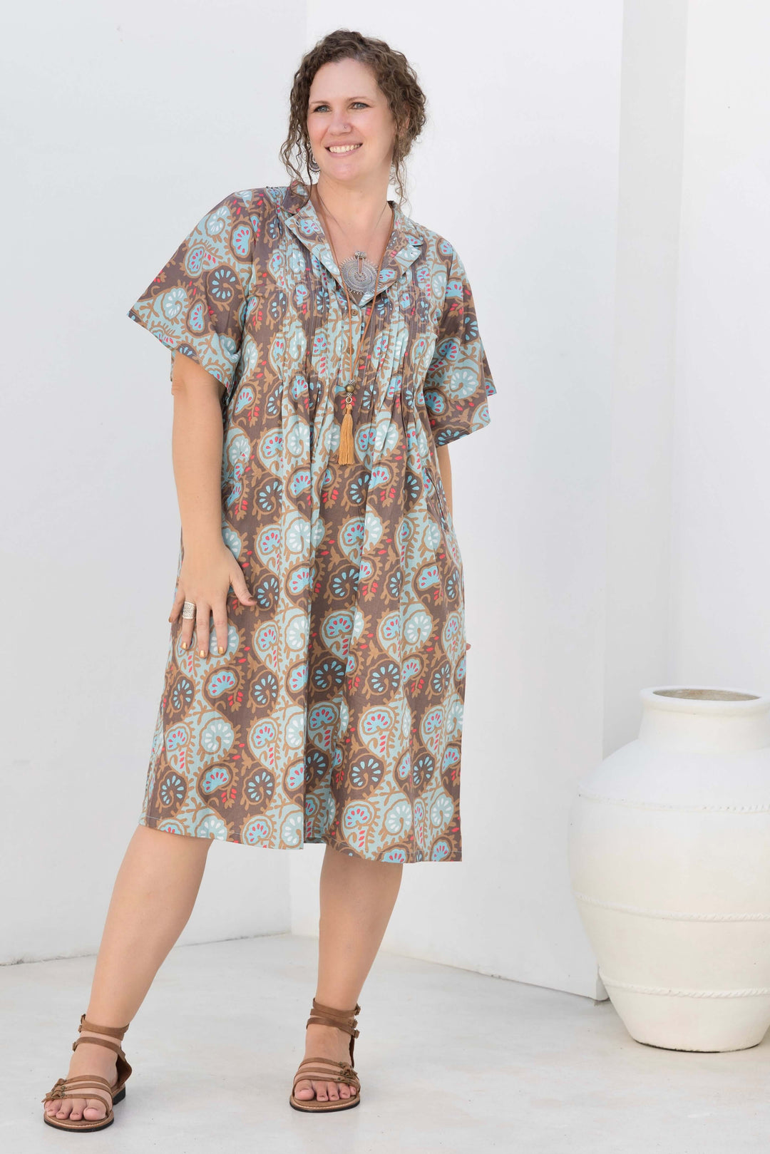 Lotus Cotton Pintuck Midi Dress With Drape Sleeve