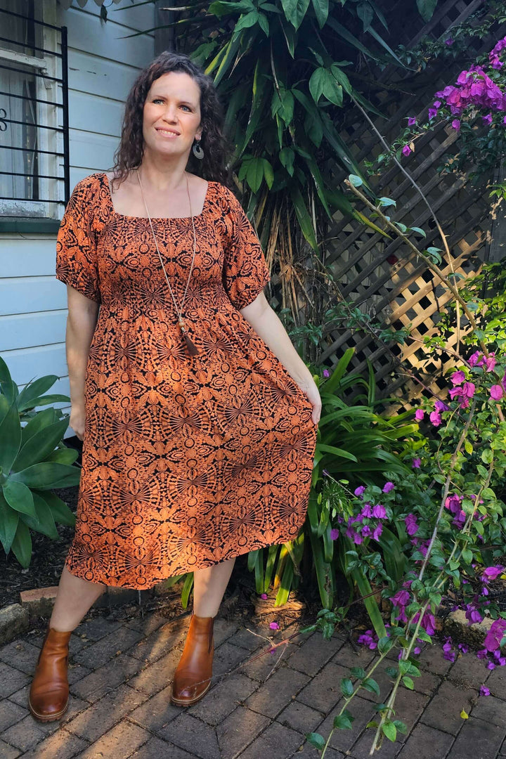 Orange Mandala Ivy Midi Dress