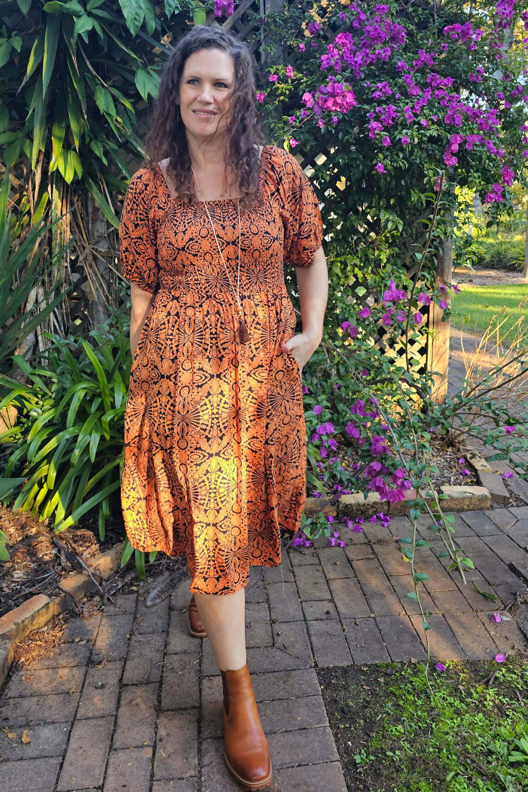 Orange Mandala Ivy Midi Dress