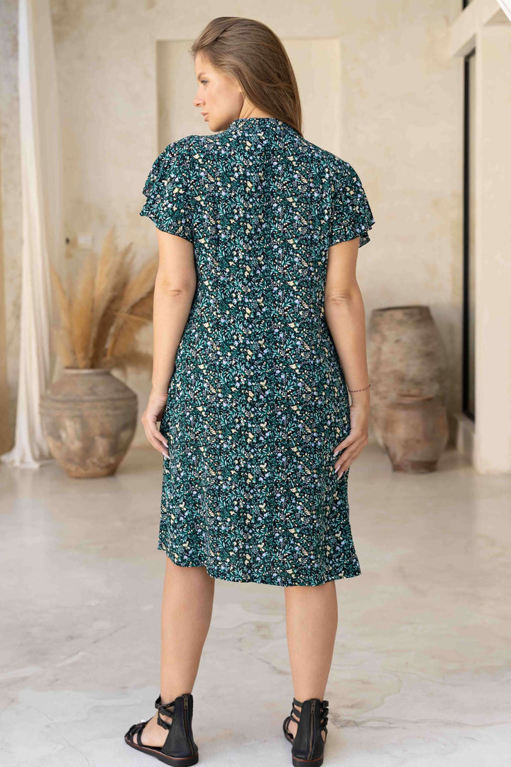 Green Blossom Dress With Frill Sleeve