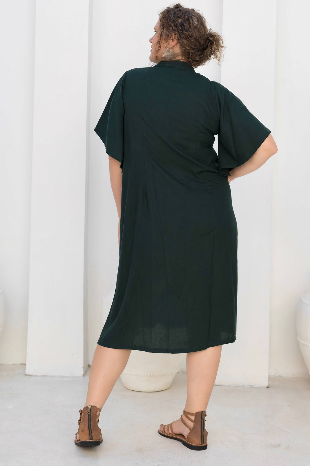 Moody Green Pintuck Midi Dress With Drape Sleeve