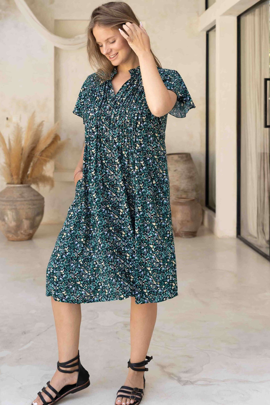 Green Blossom Dress With Frill Sleeve